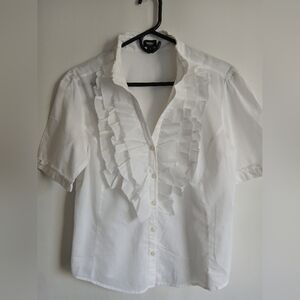 Mossimo Supply Co. White Ruffle Front Short Sleeve Blouse SzL
